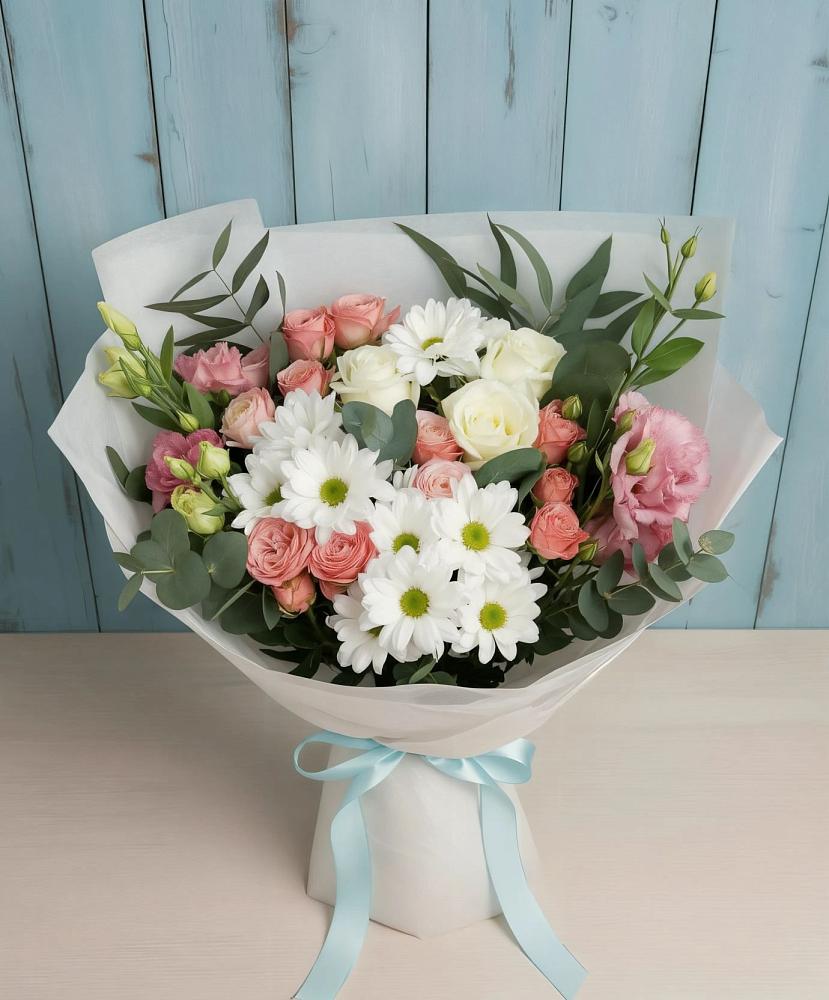 Букет цветов из: Розы, Лизиантусы и Хризантемы в Торгашино