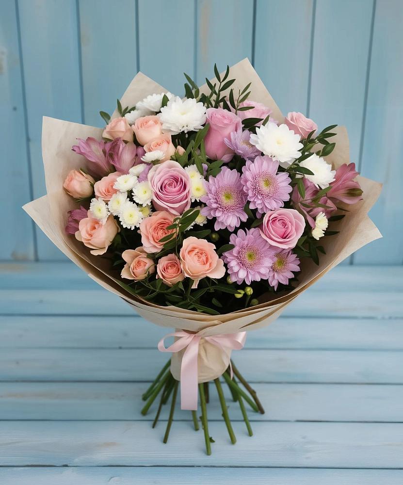 Букет цветов из: Хризантемы, Розы и Альстромерии в Торгашино