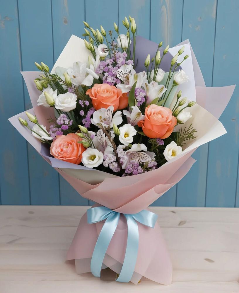 Букет цветов из: Лизиантусы, Розы, Альстромерии и Гипсофила в Торгашино