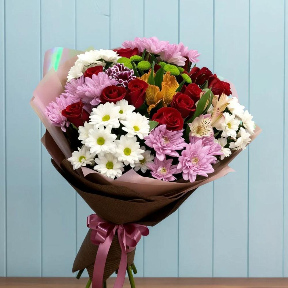 Букет цветов из: Розы, Хризантемы и Альстромерии в Торгашино